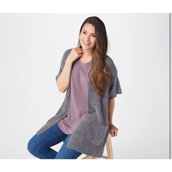 Barefoot dreams cozychic lite belted short sleeve robe s/m dark grey BDWCL1848 - Picture 8 of 8